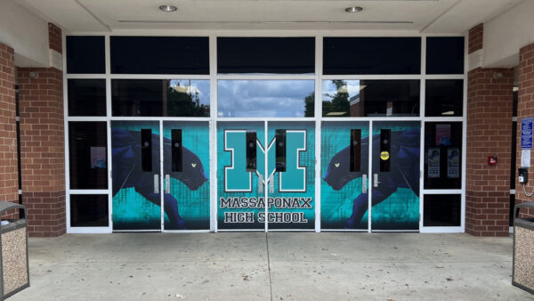 Entry doors with branded window graphics for Massaponax High School, a wall graphics client of Core Prints in Fredericksburg, VA