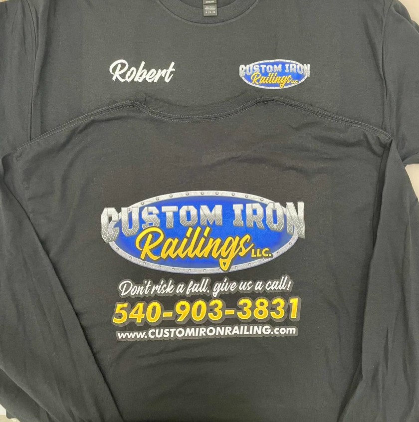 Custom printed shirts with logo and name details created by a local print shop for the Custom Iron Railings team.