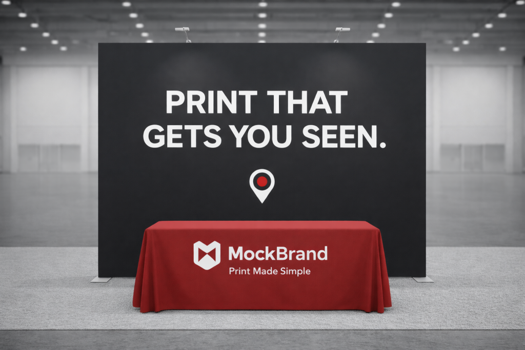 Modern trade show booth design with large black backdrop, bold headline, branded table throw, and clean layout for high visibility on a busy expo floor.
