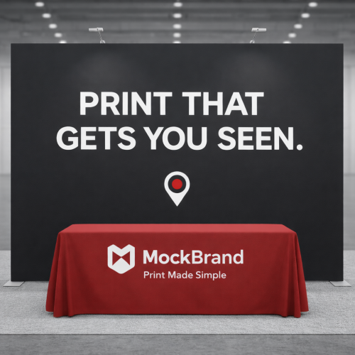 Modern trade show booth design with large black backdrop, bold headline, branded table throw, and clean layout for high visibility on a busy expo floor.