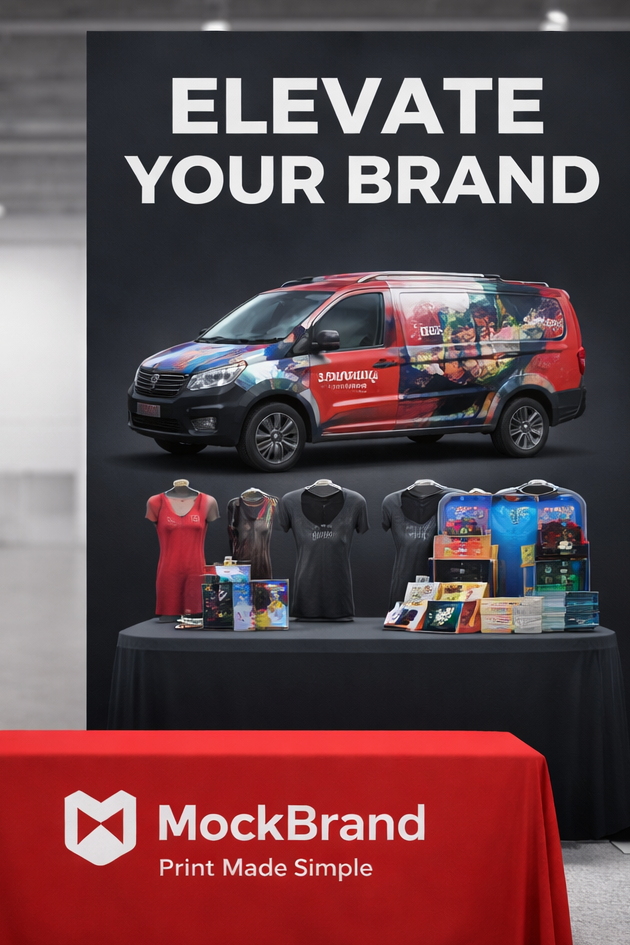 Trade show booth design example featuring a bold vertical backdrop, clear headline, branded table throw, and coordinated display elements for maximum event visibility.