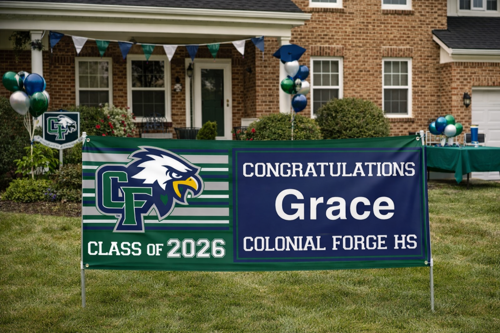 Custom graduation banner for Grace displayed in front of a house decorated for a graduation party with Colonial Forge High School colors